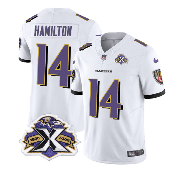 Men's Baltimore Ravens #14 Kyle Hamilton White 2023 F.U.S.E With Patch Throwback Vapor Limited Stitched Jersey